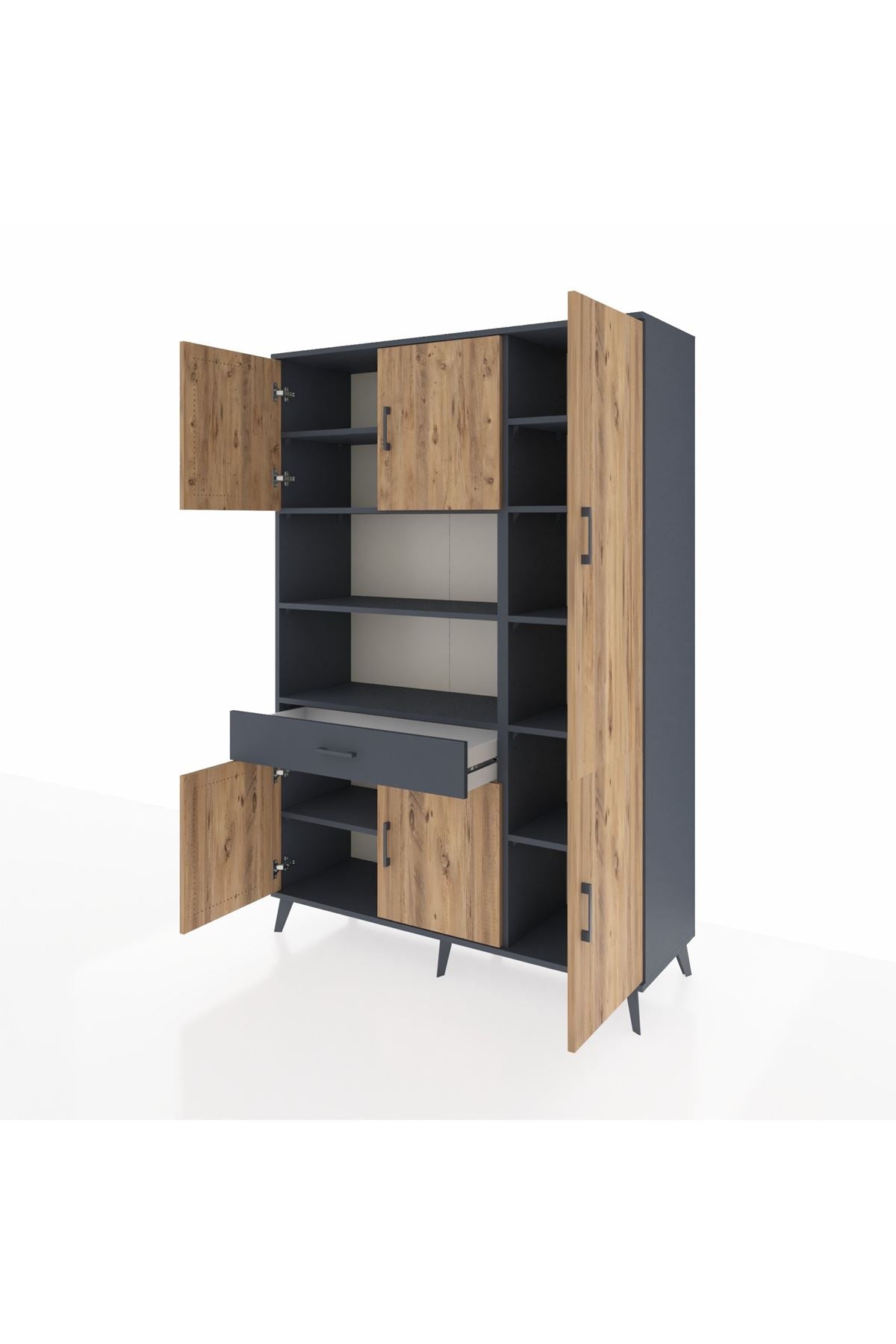 Hyperion Dolap 10 Raflı Tek Çekmeceli 6 Kapaklı 132x44x195 Antrasit-Çam/Antrasit