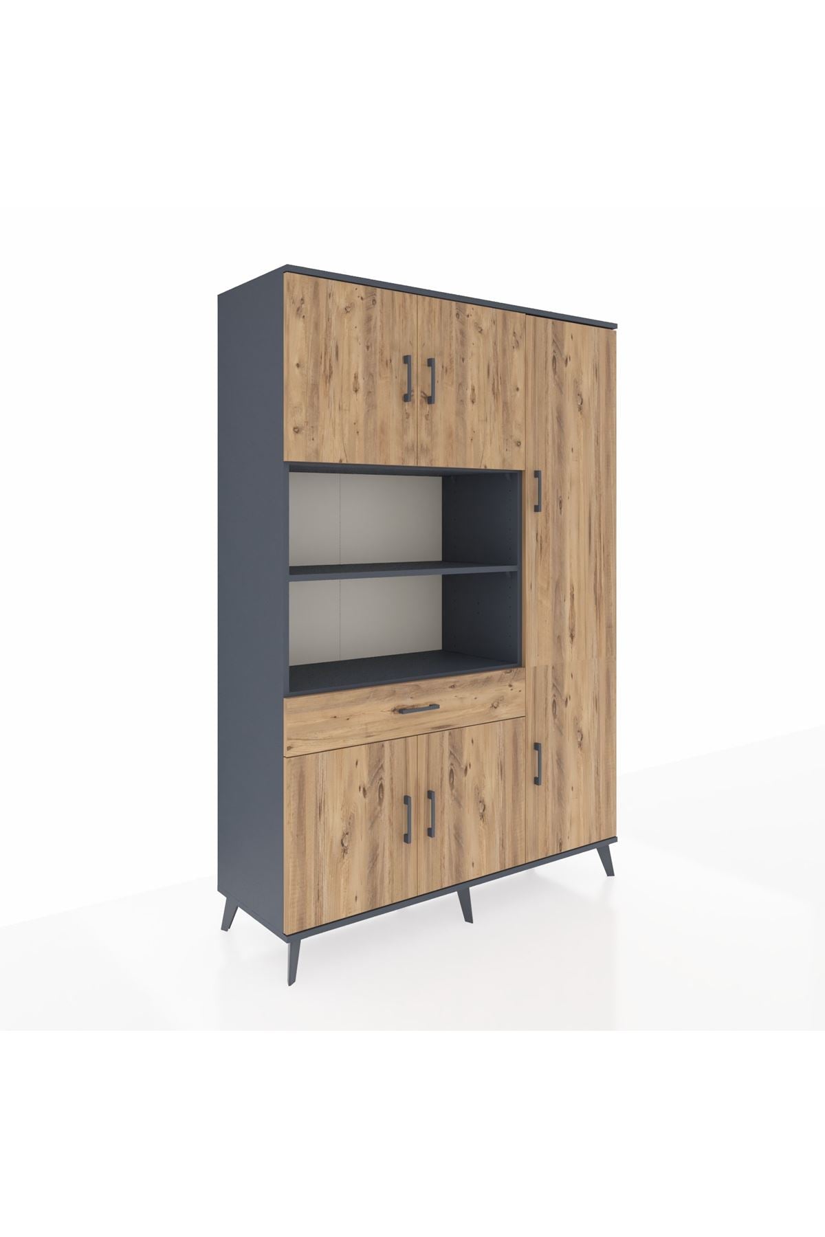 Hyperion Dolap 10 Raflı Tek Çekmeceli 6 Kapaklı 132x44x195 Antrasit-Çam/Çam