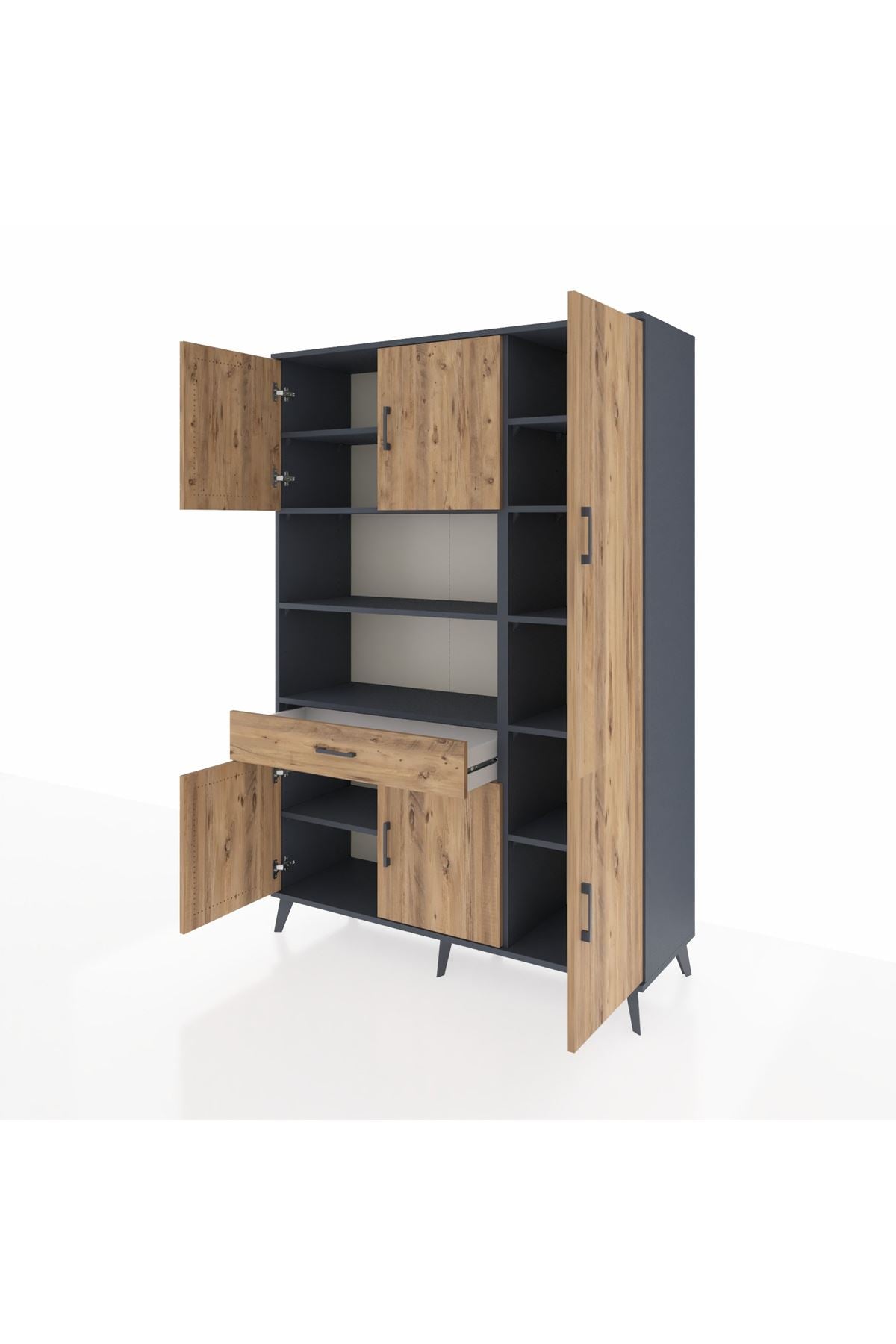 Hyperion Dolap 10 Raflı Tek Çekmeceli 6 Kapaklı 132x44x195 Antrasit-Çam/Çam