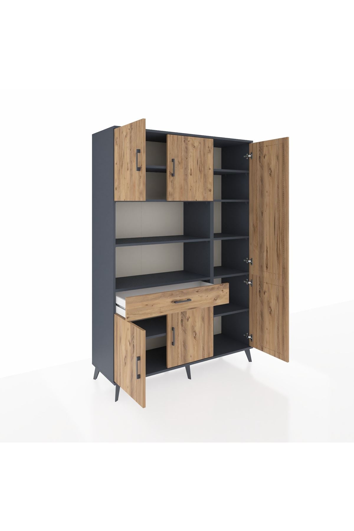 Hyperion Dolap 10 Raflı Tek Çekmeceli 6 Kapaklı 132x44x195 Antrasit-Çam/Çam