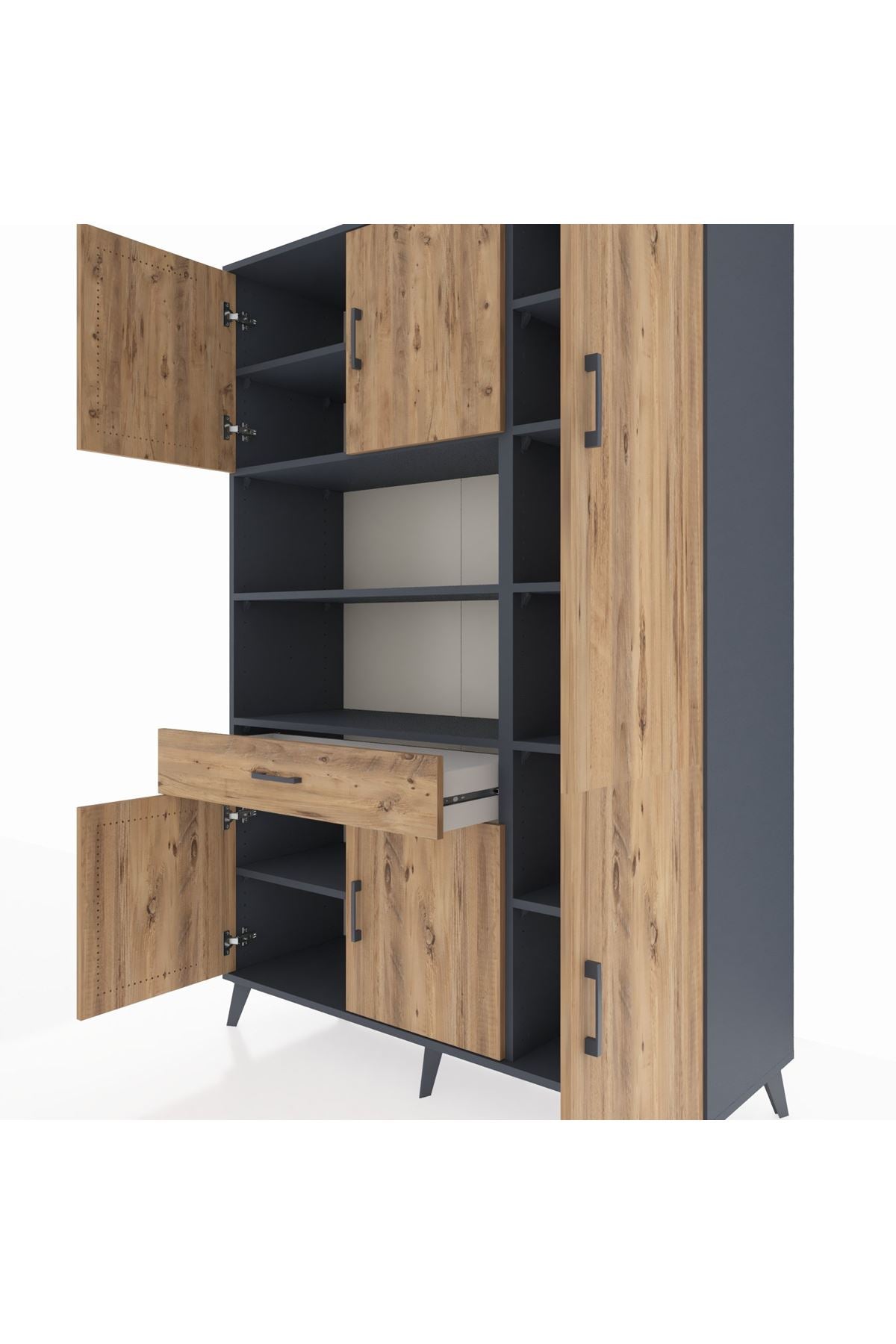 Hyperion Dolap 10 Raflı Tek Çekmeceli 6 Kapaklı 132x44x195 Antrasit-Çam/Çam