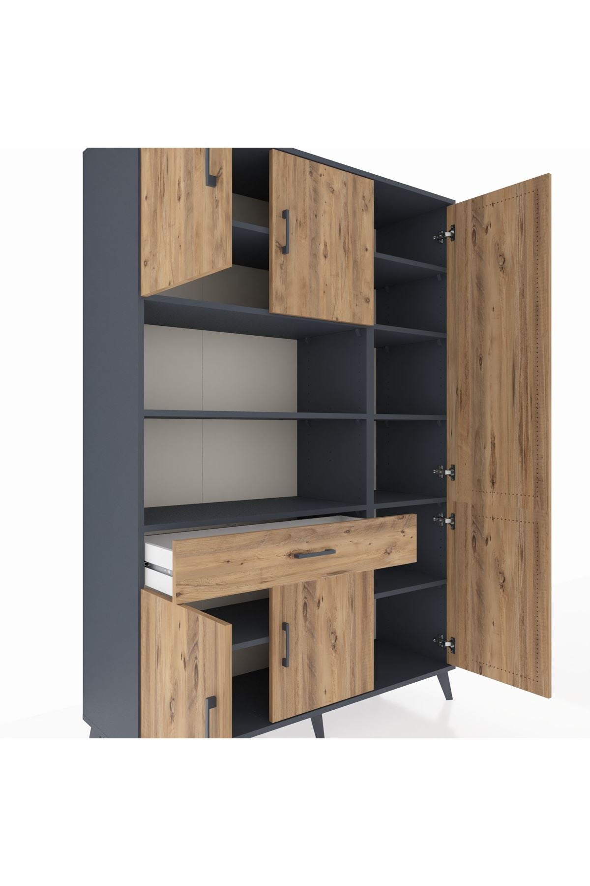 Hyperion Dolap 10 Raflı Tek Çekmeceli 6 Kapaklı 132x44x195 Antrasit-Çam/Çam