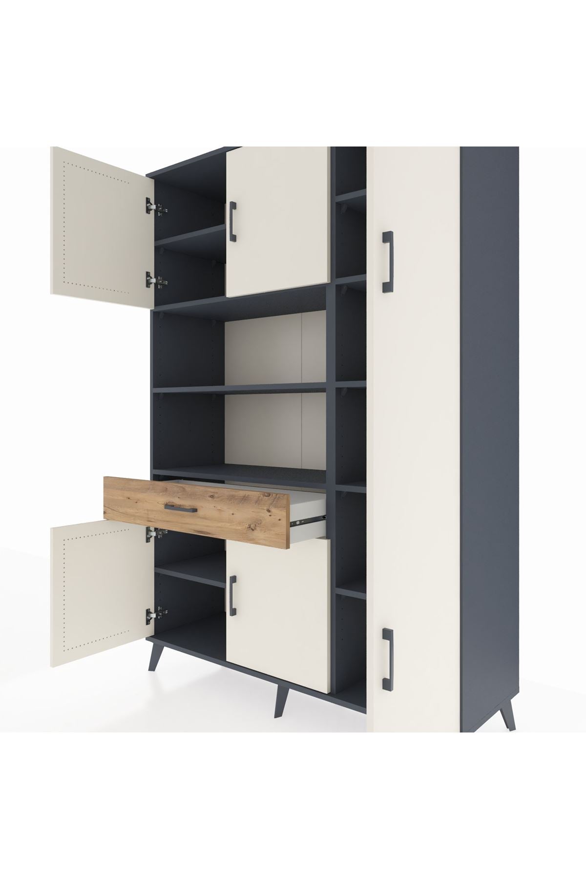 Hyperion Dolap 10 Raflı Tek Çekmeceli 6 Kapaklı 132x44x195 Antrasit-Aytaşı/Çam