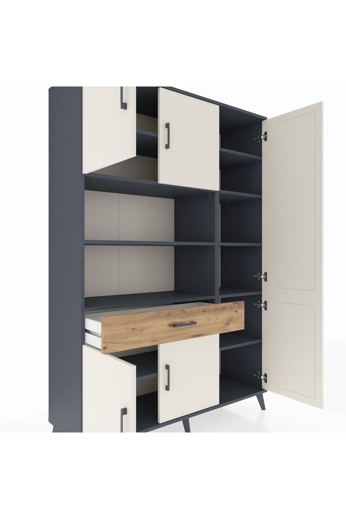 Hyperion Dolap 10 Raflı Tek Çekmeceli 6 Kapaklı 132x44x195 Antrasit-Aytaşı/Çam