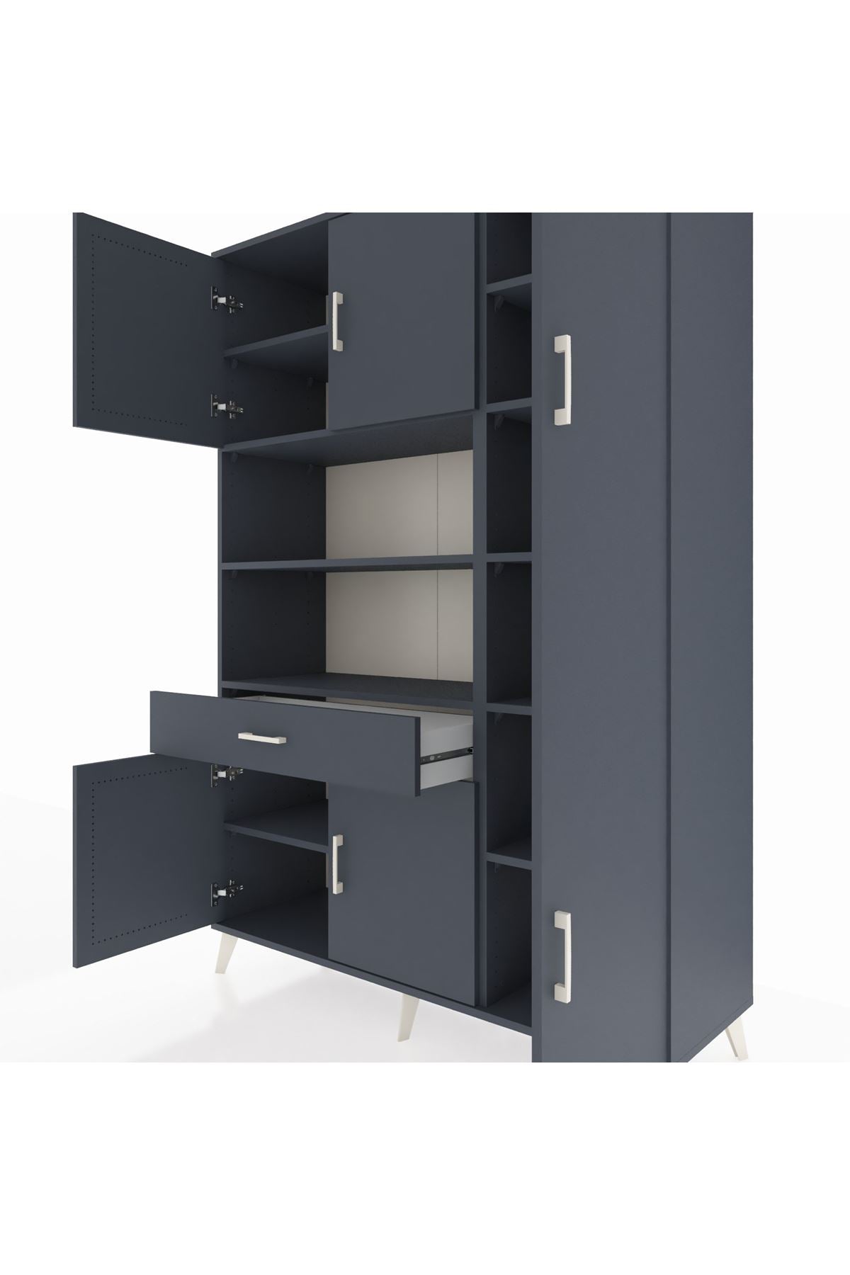 Hyperion Dolap 10 Raflı Tek Çekmeceli 6 Kapaklı 132x44x195 Antrasit-Antrasit/Antrasit