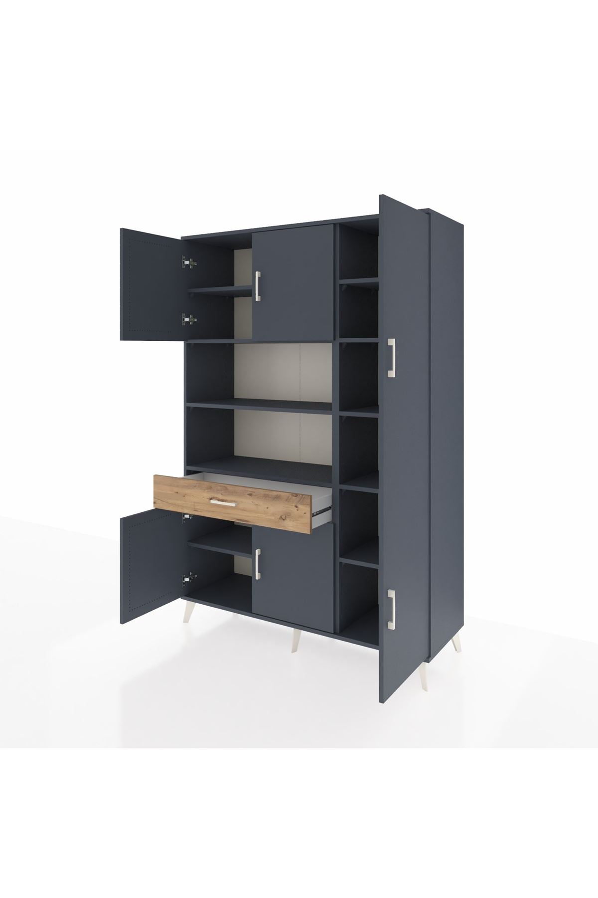 Hyperion Dolap 10 Raflı Tek Çekmeceli 6 Kapaklı 132x44x195 Antrasit-Antrasit/Çam