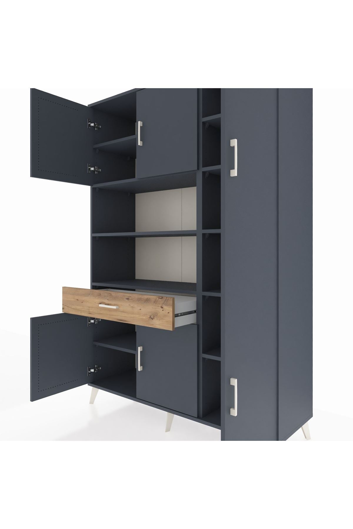 Hyperion Dolap 10 Raflı Tek Çekmeceli 6 Kapaklı 132x44x195 Antrasit-Antrasit/Çam