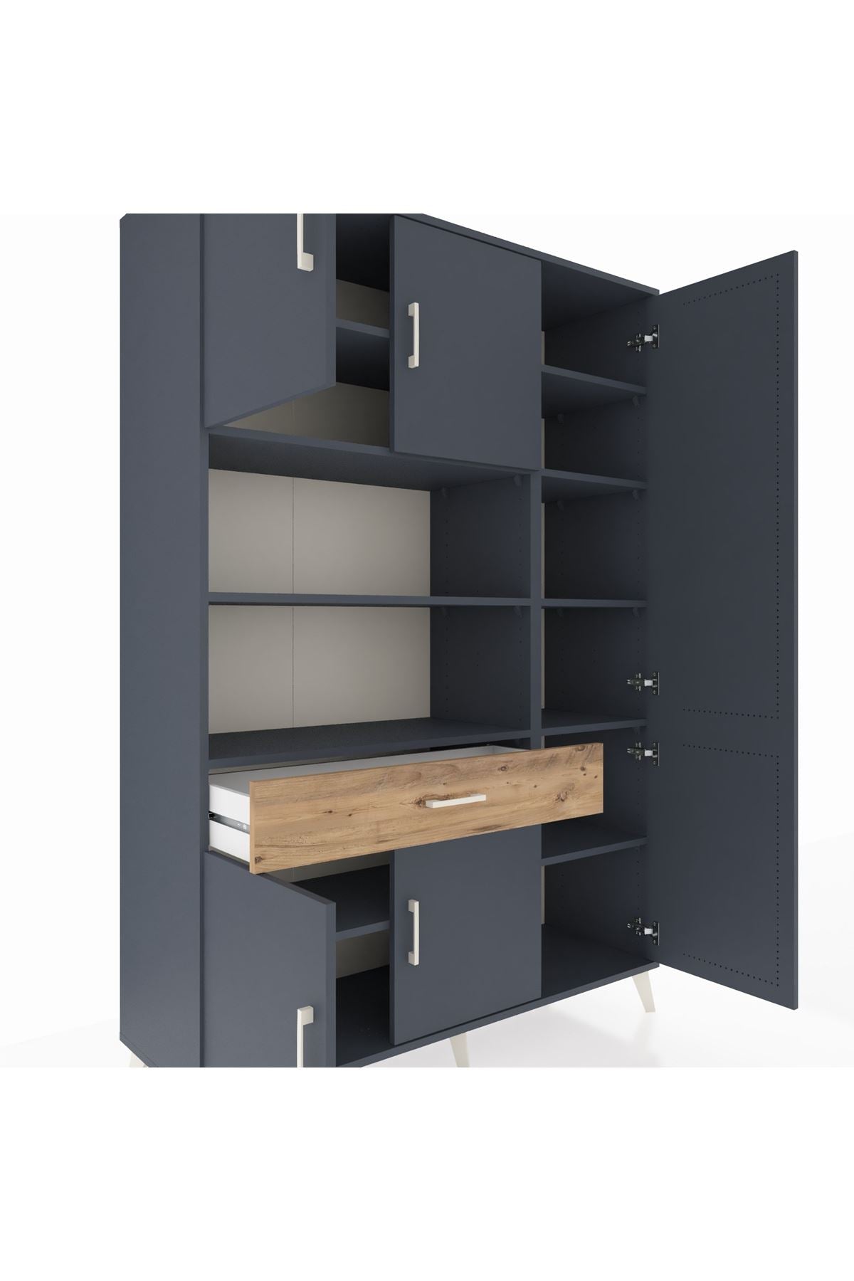 Hyperion Dolap 10 Raflı Tek Çekmeceli 6 Kapaklı 132x44x195 Antrasit-Antrasit/Çam