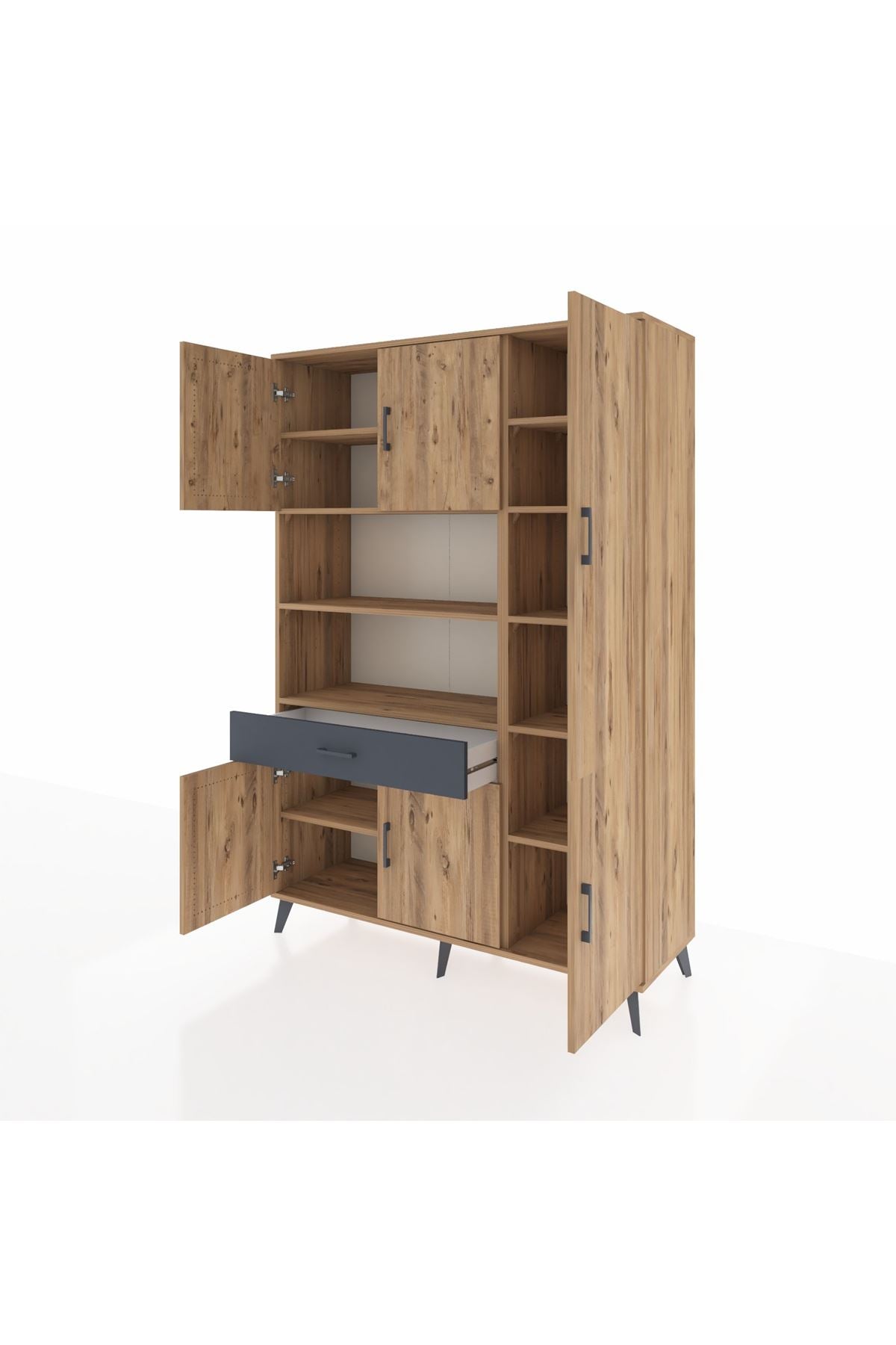 Hyperion Dolap 10 Raflı Tek Çekmeceli 6 Kapaklı 132x44x195 Çam-Çam/Antrasit