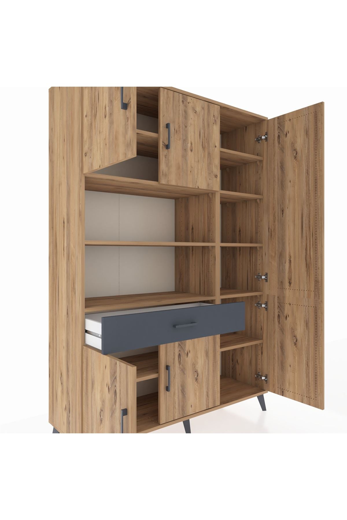 Hyperion Dolap 10 Raflı Tek Çekmeceli 6 Kapaklı 132x44x195 Çam-Çam/Antrasit