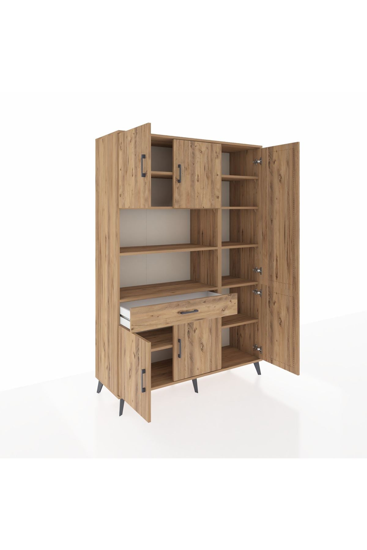 Hyperion Dolap 10 Raflı Tek Çekmeceli 6 Kapaklı 132x44x195 Çam-Çam/Çam