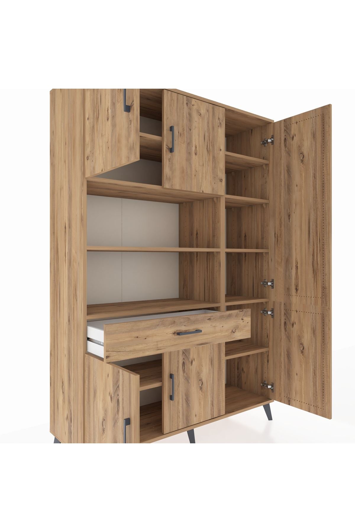 Hyperion Dolap 10 Raflı Tek Çekmeceli 6 Kapaklı 132x44x195 Çam-Çam/Çam