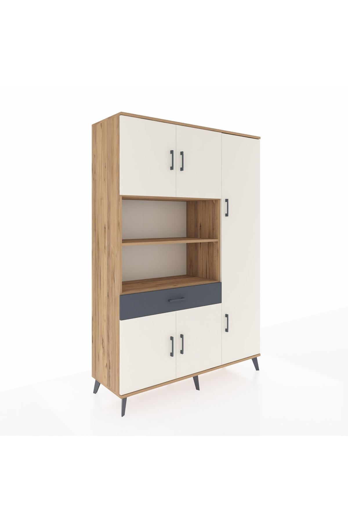 Hyperion Dolap 10 Raflı Tek Çekmeceli 6 Kapaklı 132x44x195 Çam-Aytaşı/Antrasit