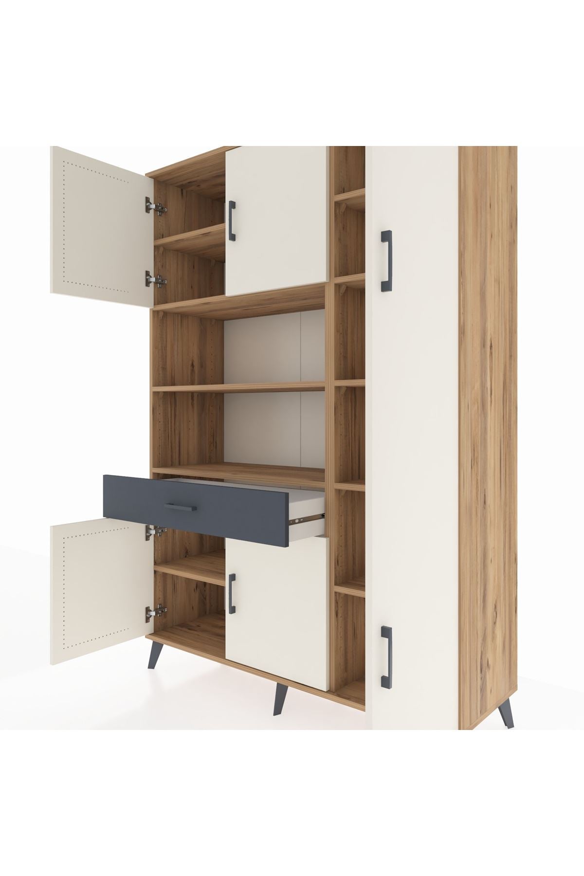 Hyperion Dolap 10 Raflı Tek Çekmeceli 6 Kapaklı 132x44x195 Çam-Aytaşı/Antrasit