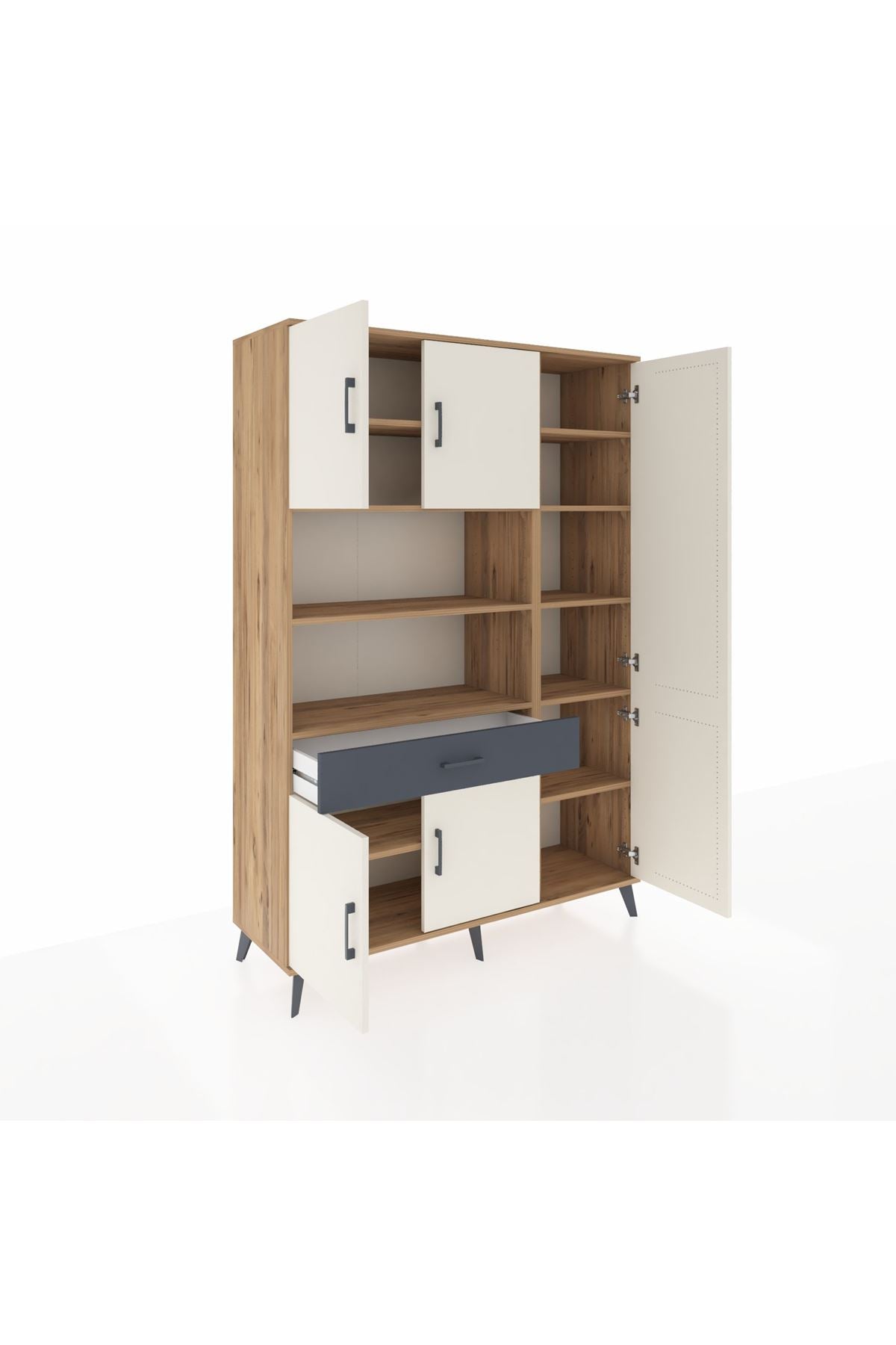 Hyperion Dolap 10 Raflı Tek Çekmeceli 6 Kapaklı 132x44x195 Çam-Aytaşı/Antrasit