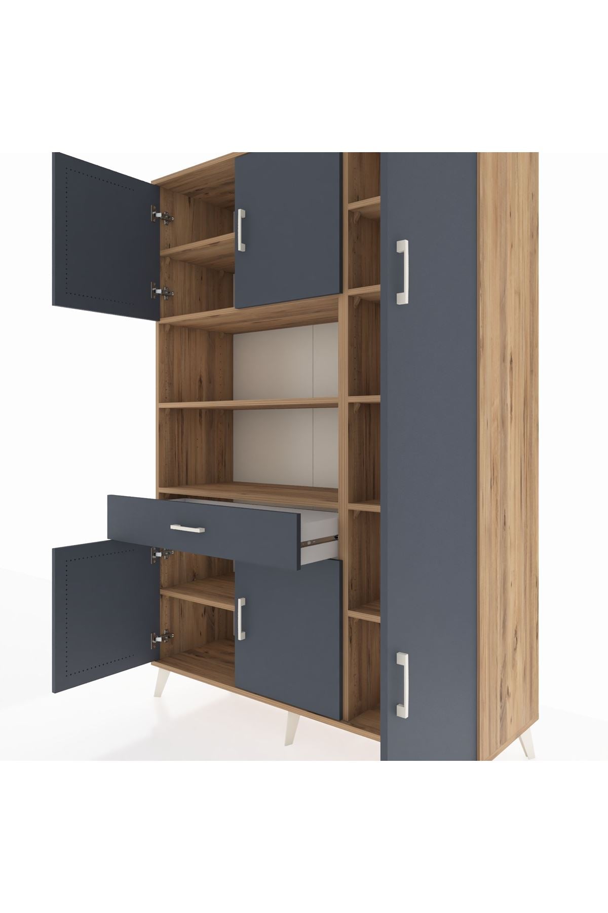 Hyperion Dolap 10 Raflı Tek Çekmeceli 6 Kapaklı 132x44x195 Çam-Antrasit/Antrasit