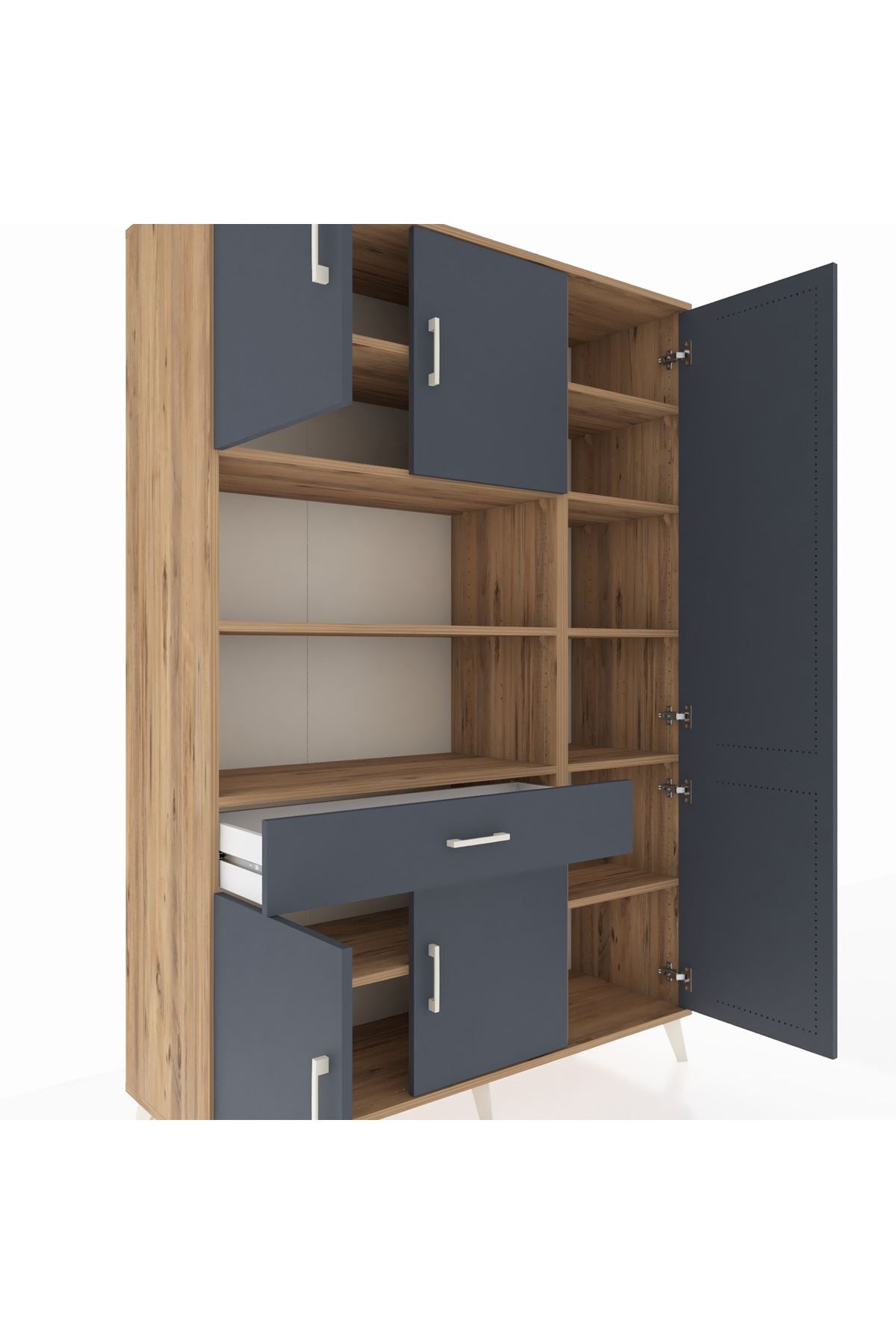 Hyperion Dolap 10 Raflı Tek Çekmeceli 6 Kapaklı 132x44x195 Çam-Antrasit/Antrasit