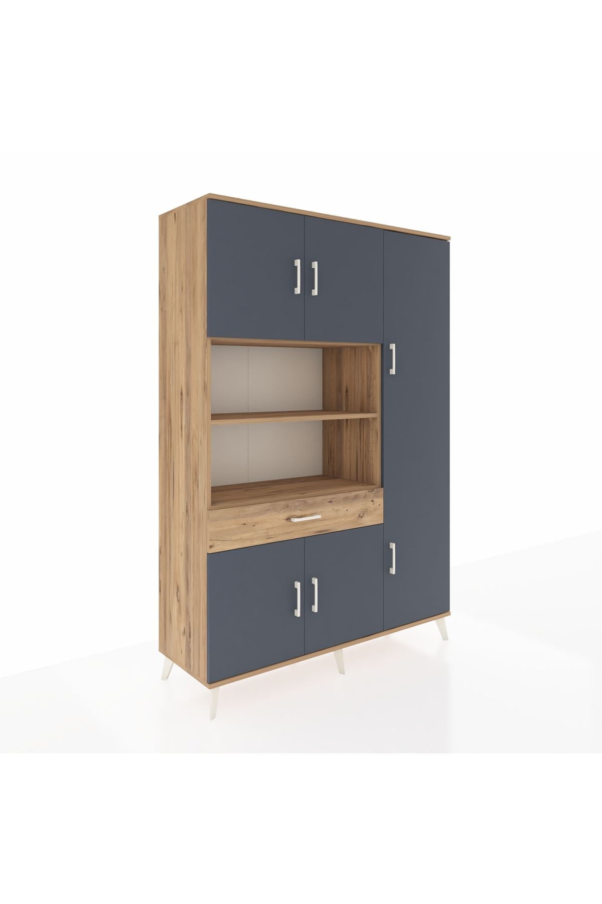 Hyperion Dolap 10 Raflı Tek Çekmeceli 6 Kapaklı 132x44x195 Çam-Antrasit/Çam