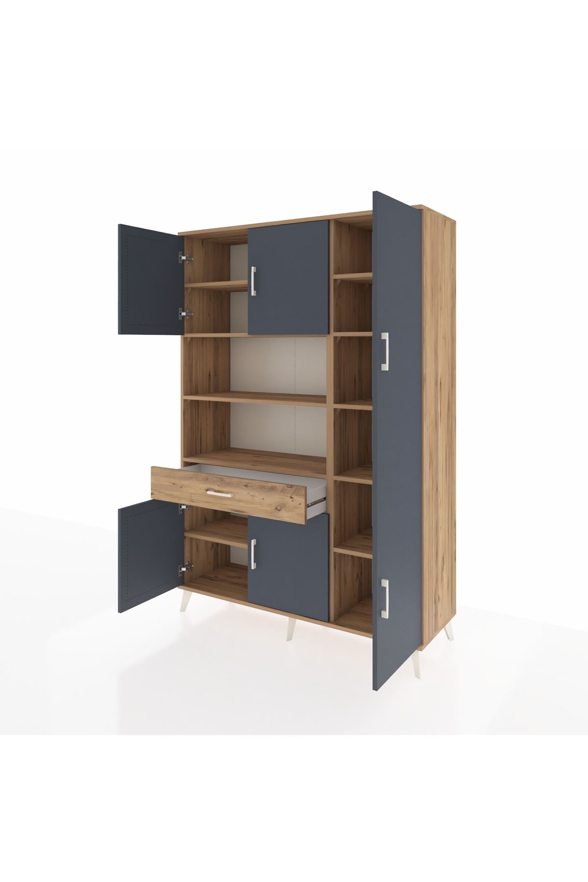 Hyperion Dolap 10 Raflı Tek Çekmeceli 6 Kapaklı 132x44x195 Çam-Antrasit/Çam