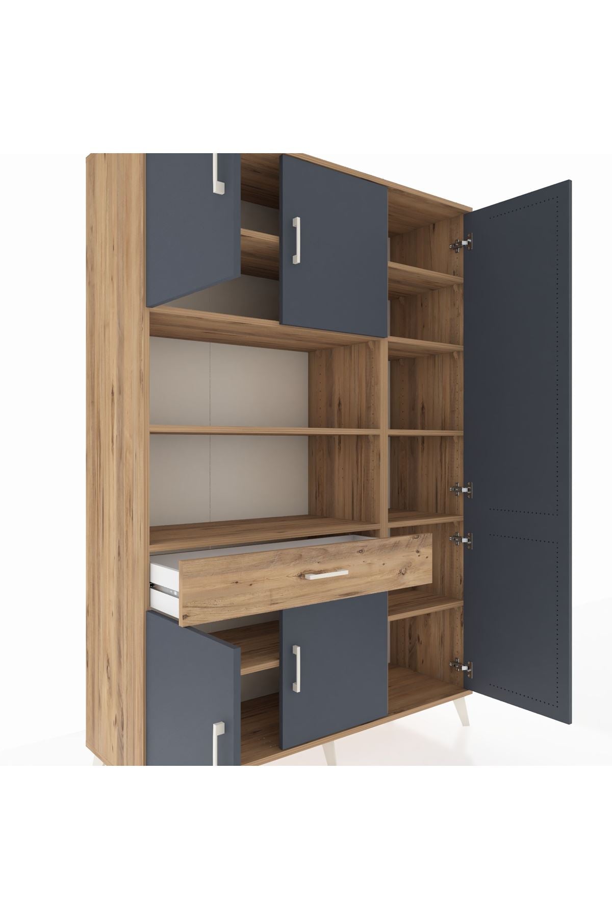 Hyperion Dolap 10 Raflı Tek Çekmeceli 6 Kapaklı 132x44x195 Çam-Antrasit/Çam