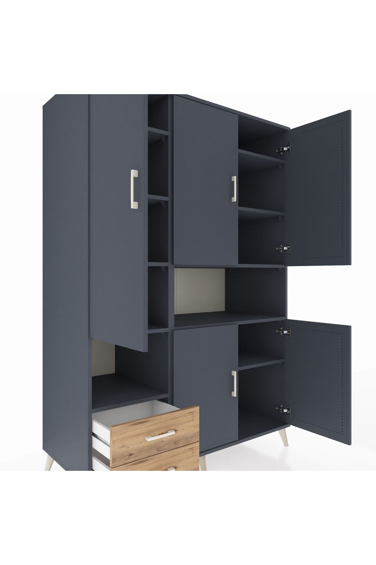 Kronos Dolap 10 Raflı 2 Çekmeceli 5 Kapaklı 132x59x195 Antrasit-Antrasit/Çam