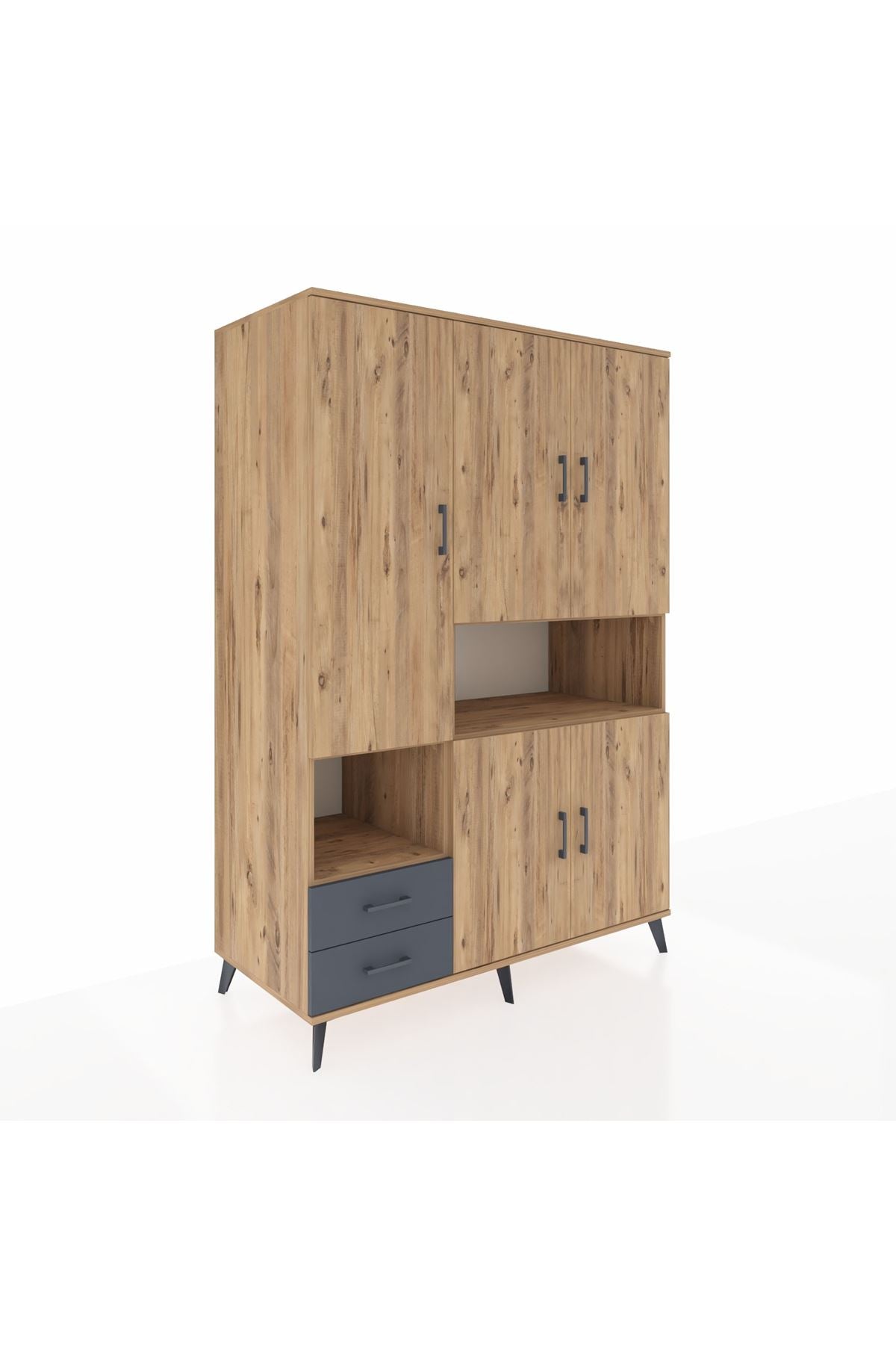 Kronos Dolap 10 Raflı 2 Çekmeceli 5 Kapaklı 132x59x195 Çam-Çam/Antrasit