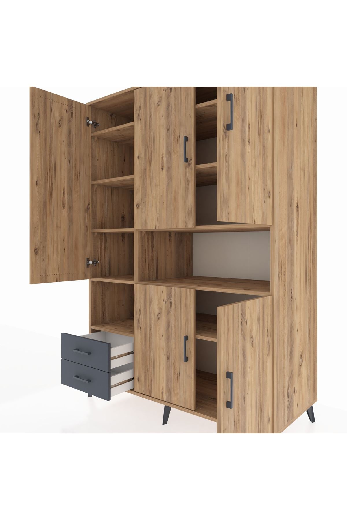 Kronos Dolap 10 Raflı 2 Çekmeceli 5 Kapaklı 132x59x195 Çam-Çam/Antrasit