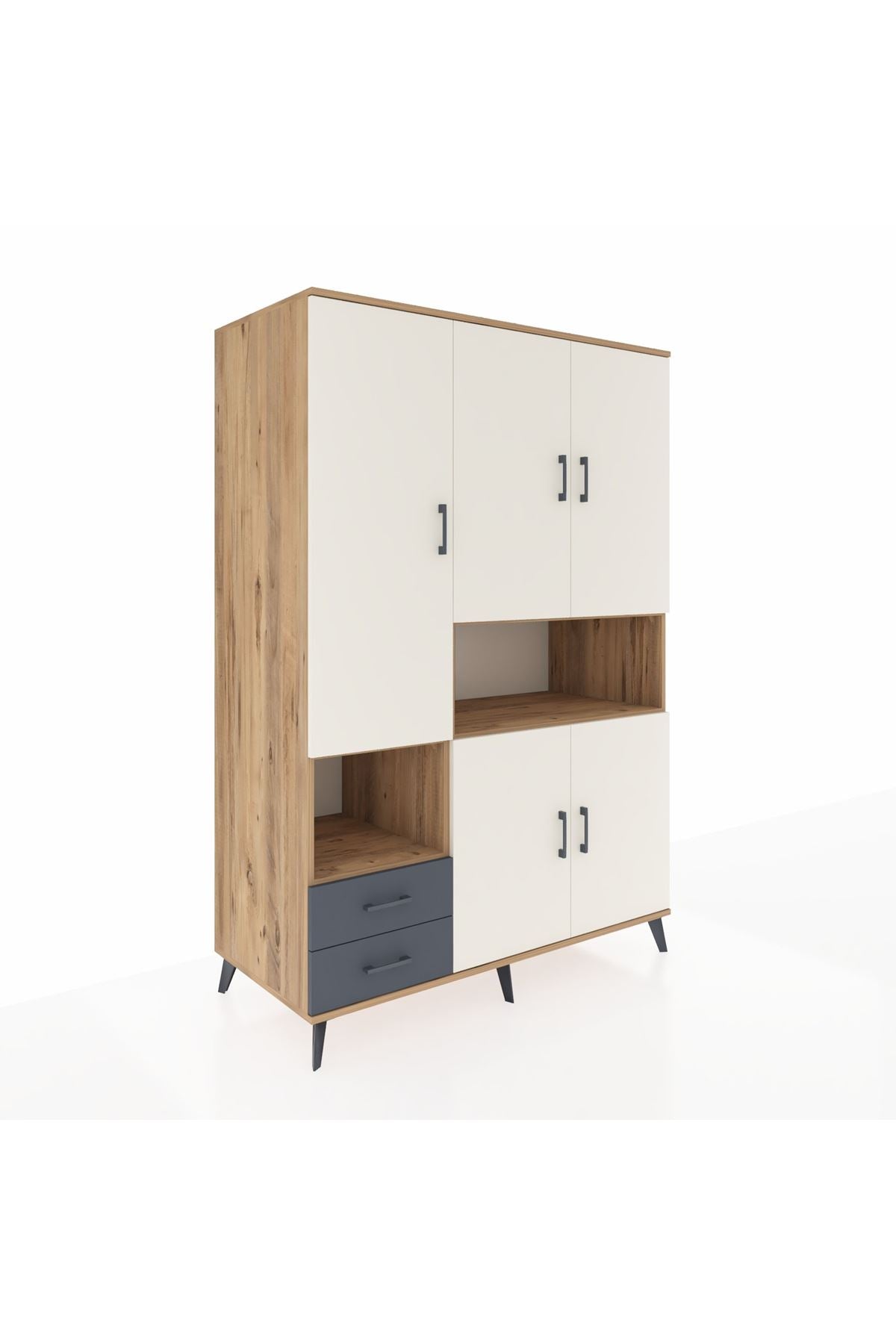 Kronos Dolap 10 Raflı 2 Çekmeceli 5 Kapaklı 132x59x195 Çam-Aytaşı/Antrasit