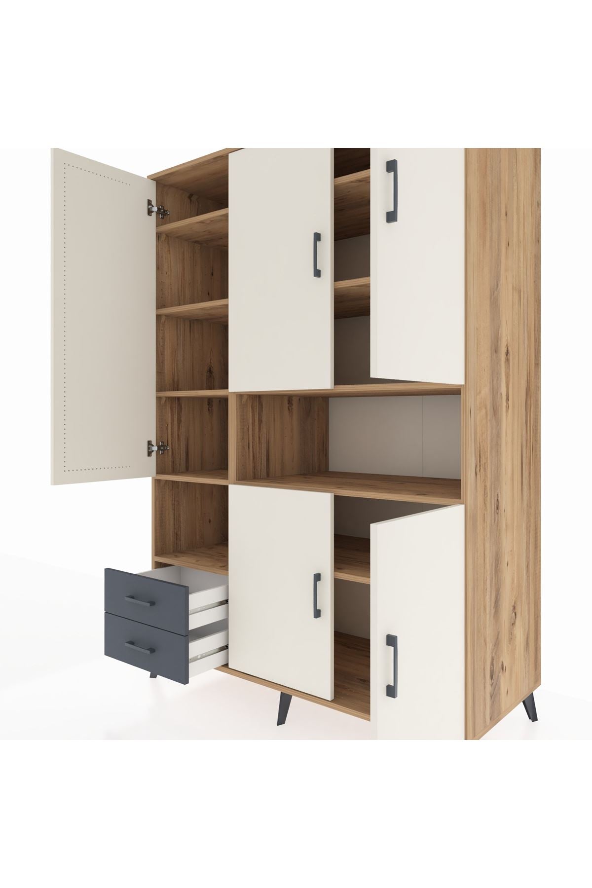 Kronos Dolap 10 Raflı 2 Çekmeceli 5 Kapaklı 132x59x195 Çam-Aytaşı/Antrasit