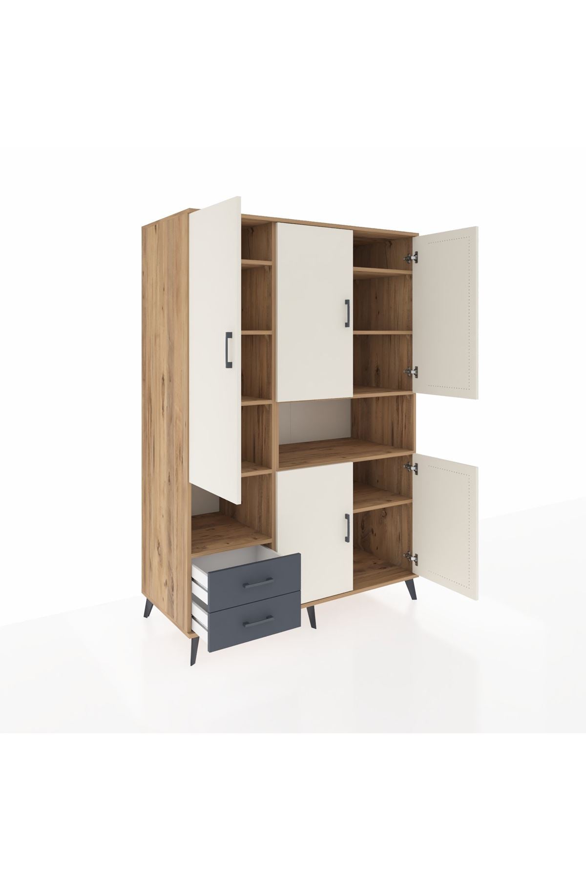 Kronos Dolap 10 Raflı 2 Çekmeceli 5 Kapaklı 132x59x195 Çam-Aytaşı/Antrasit