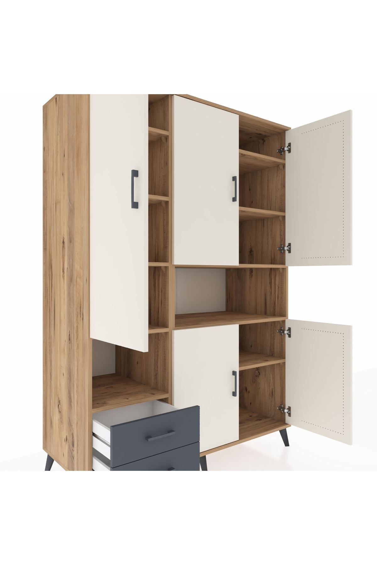 Kronos Dolap 10 Raflı 2 Çekmeceli 5 Kapaklı 132x59x195 Çam-Aytaşı/Antrasit