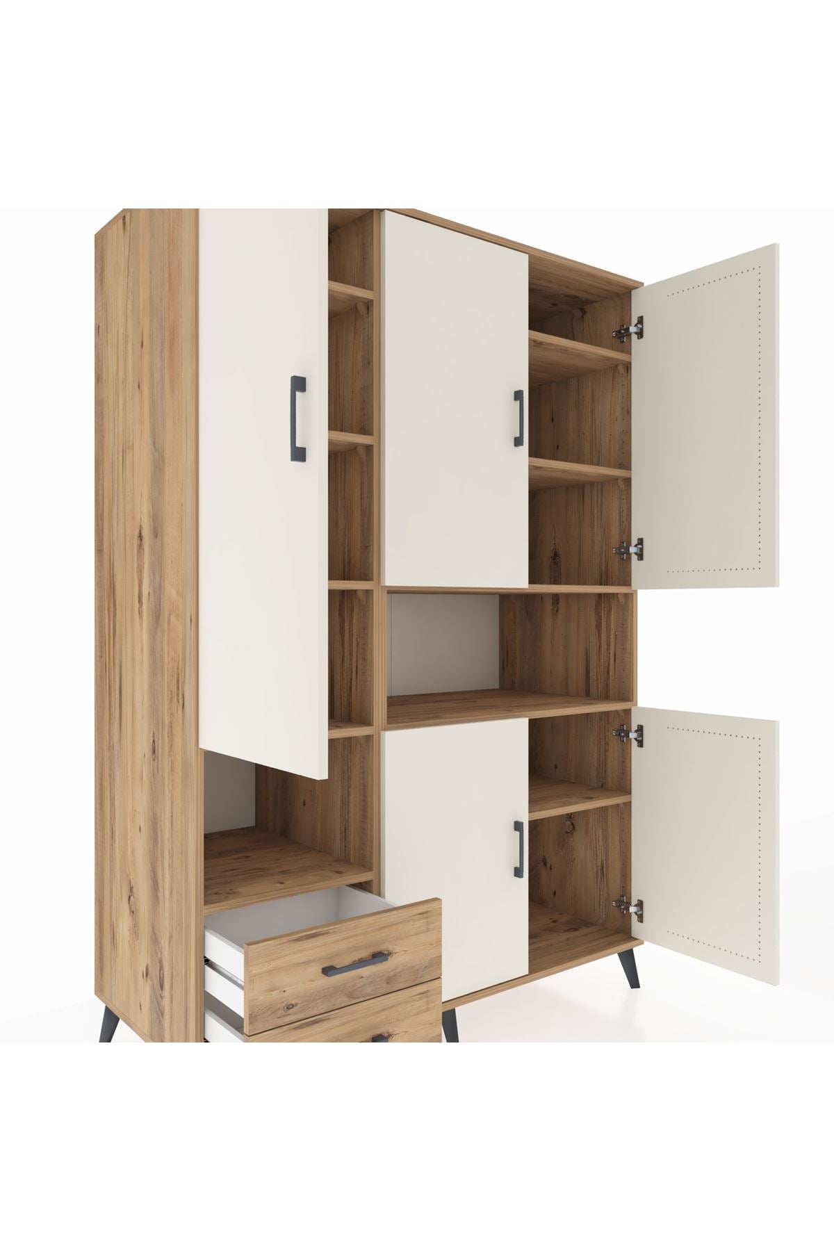 Kronos Dolap 10 Raflı 2 Çekmeceli 5 Kapaklı 132x59x195 Çam-Aytaşı/Çam