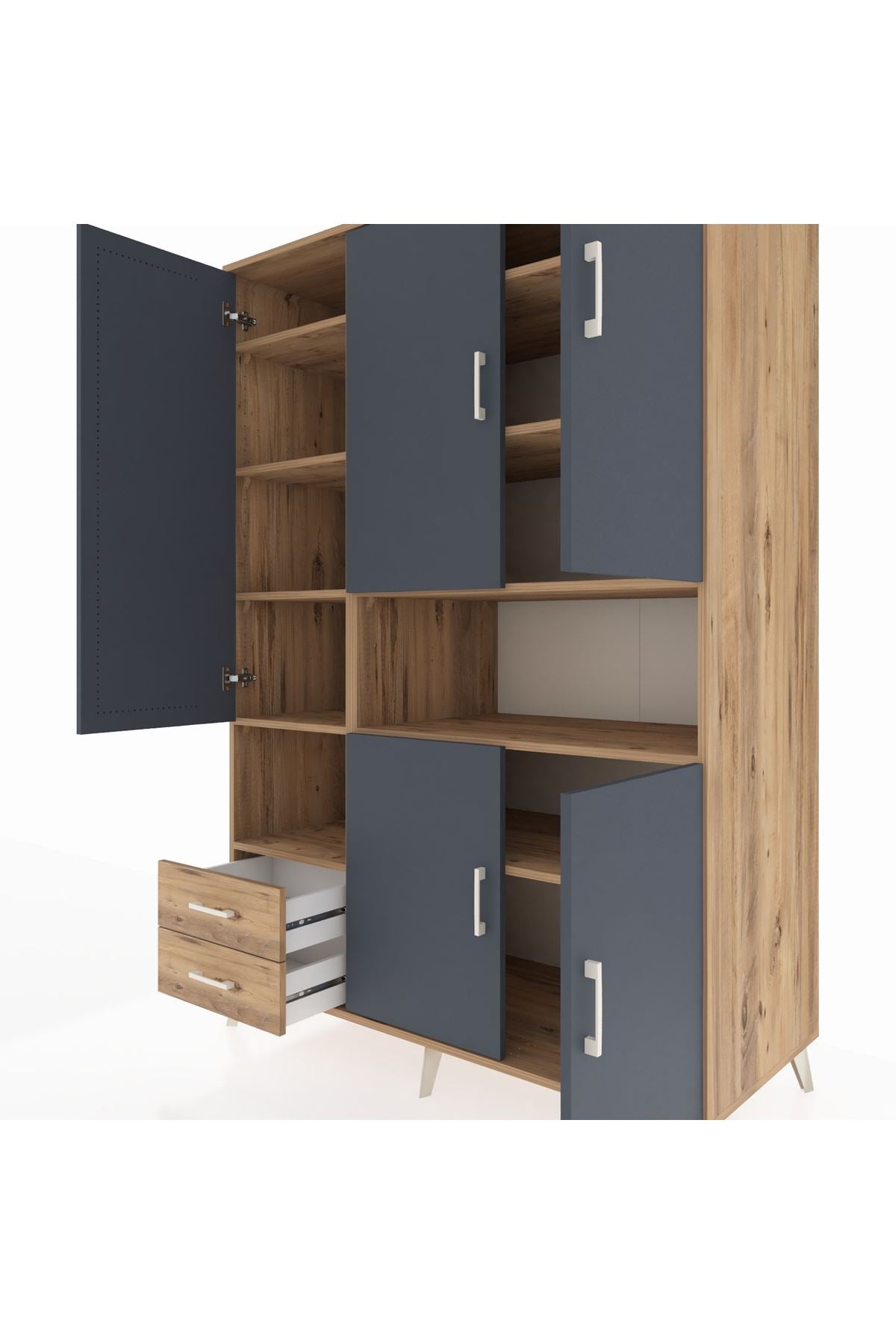 Kronos Dolap 10 Raflı 2 Çekmeceli 5 Kapaklı 132x59x195 Çam-Antrasit/Çam