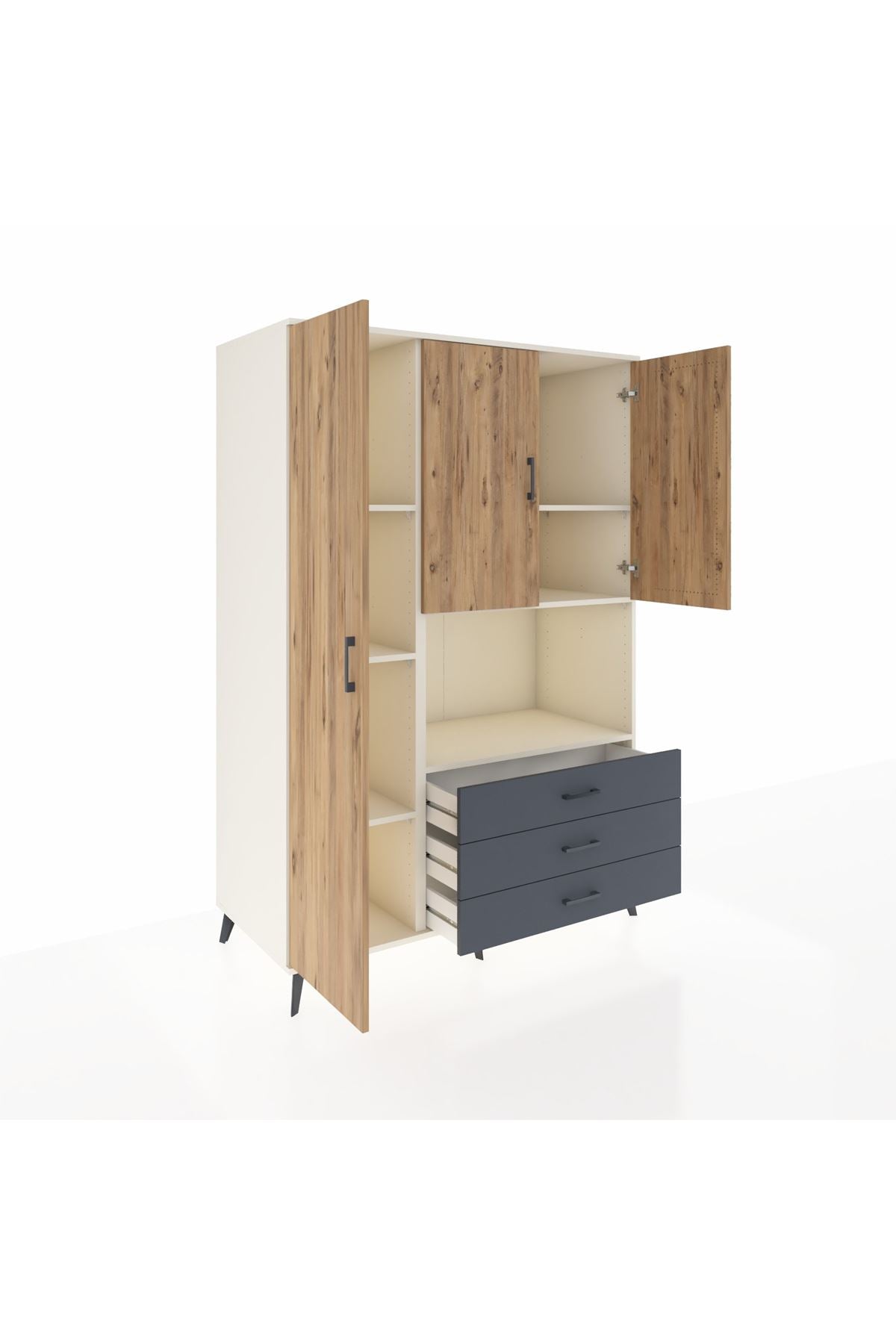 Kronos Dolap 6 Raflı 3 Çekmeceli 3 Kapaklı 132x59x195 Aytaşı-Çam/Antrasit