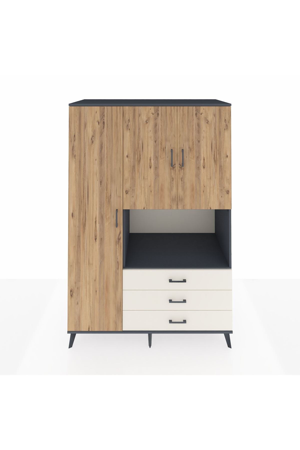 Kronos Dolap 6 Raflı 3 Çekmeceli 3 Kapaklı 132x59x195 Antrasit-Çam/Aytaşı