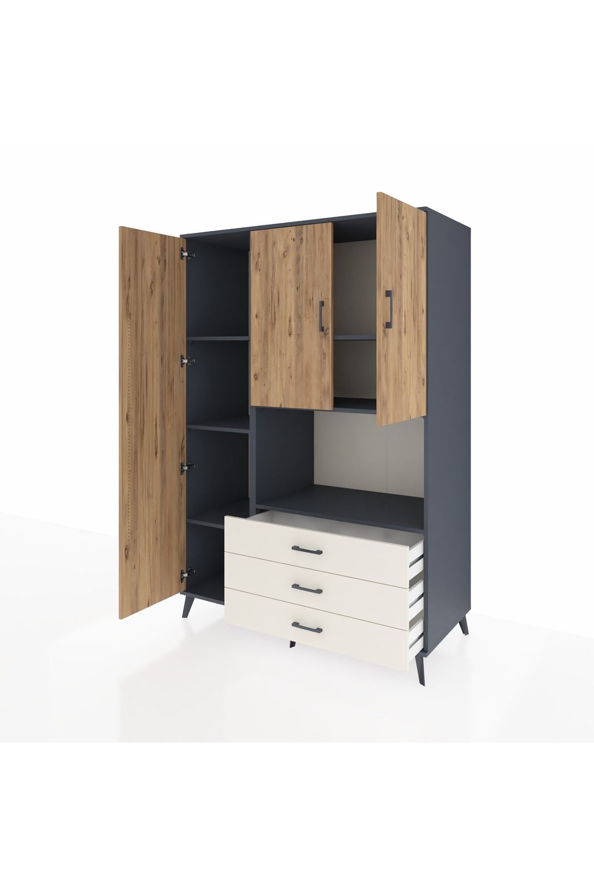 Kronos Dolap 6 Raflı 3 Çekmeceli 3 Kapaklı 132x59x195 Antrasit-Çam/Aytaşı