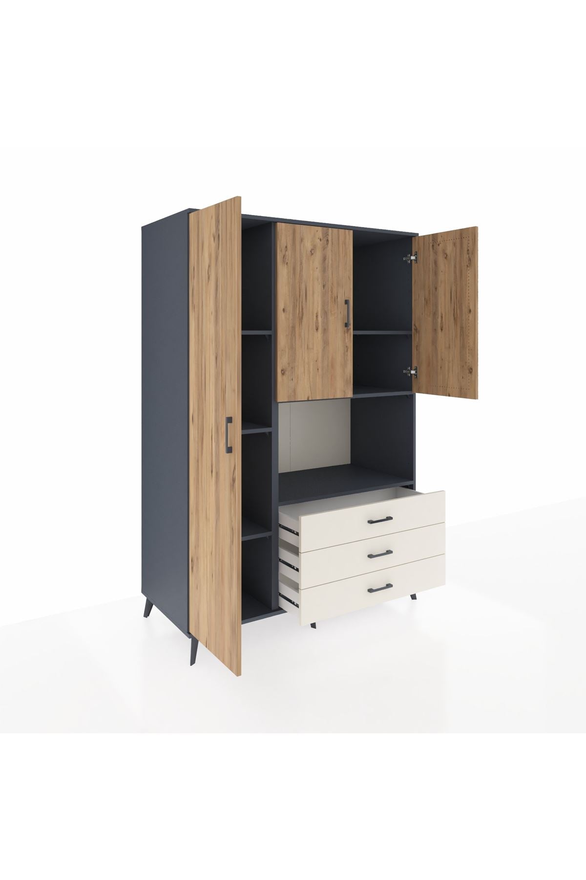 Kronos Dolap 6 Raflı 3 Çekmeceli 3 Kapaklı 132x59x195 Antrasit-Çam/Aytaşı