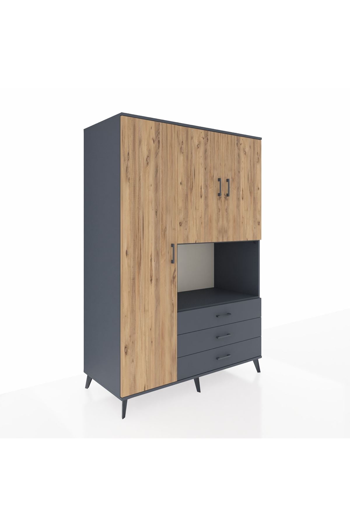 Kronos Dolap 6 Raflı 3 Çekmeceli 3 Kapaklı 132x59x195 Antrasit-Çam/Antrasit