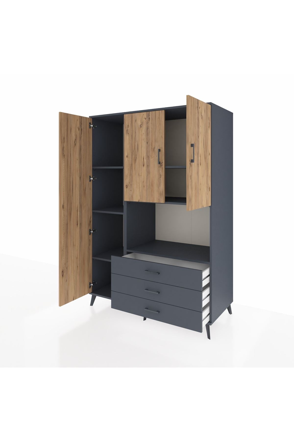 Kronos Dolap 6 Raflı 3 Çekmeceli 3 Kapaklı 132x59x195 Antrasit-Çam/Antrasit