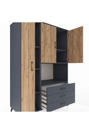 Kronos Dolap 6 Raflı 3 Çekmeceli 3 Kapaklı 132x59x195 Antrasit-Çam/Antrasit