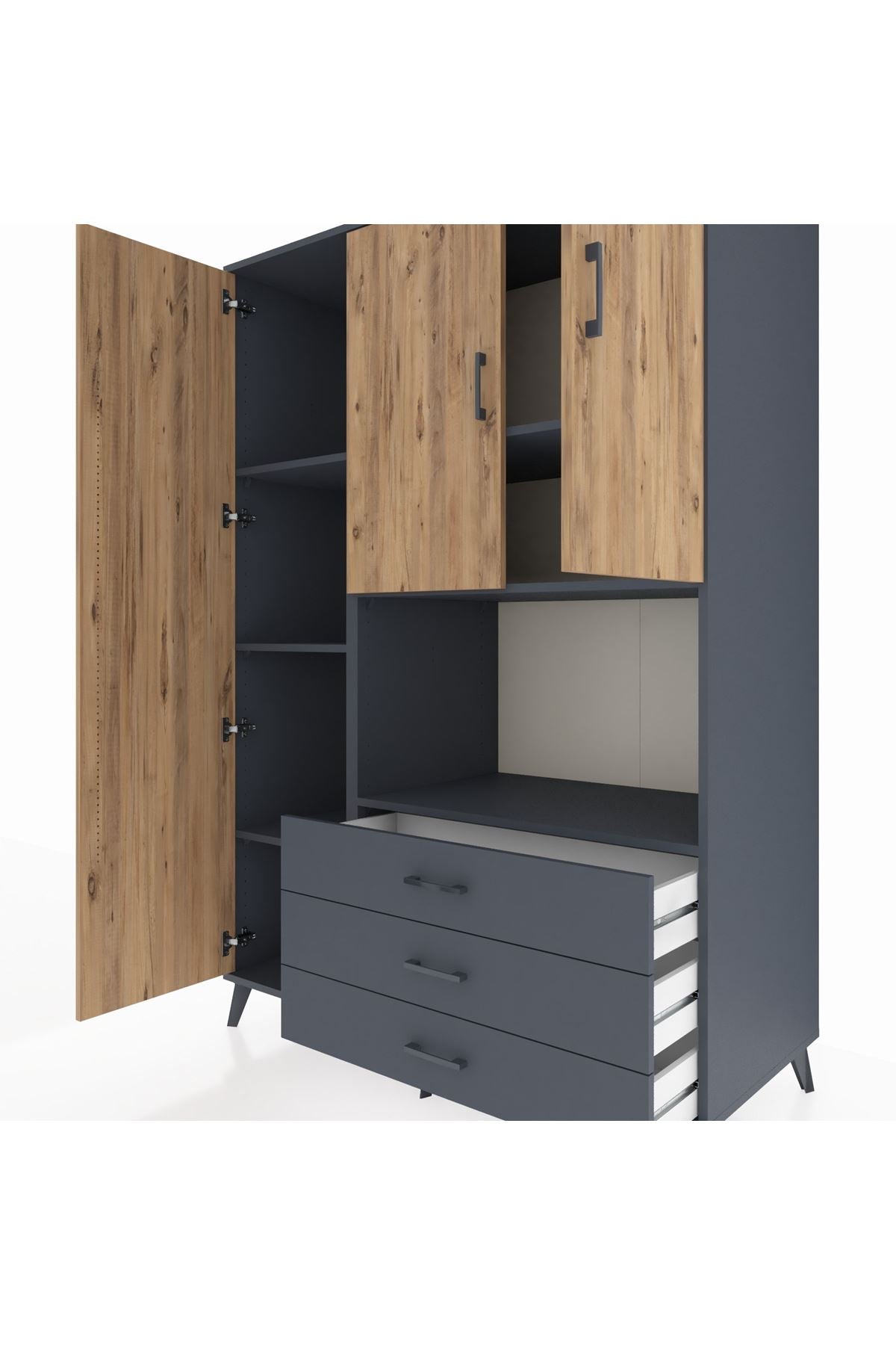 Kronos Dolap 6 Raflı 3 Çekmeceli 3 Kapaklı 132x59x195 Antrasit-Çam/Antrasit