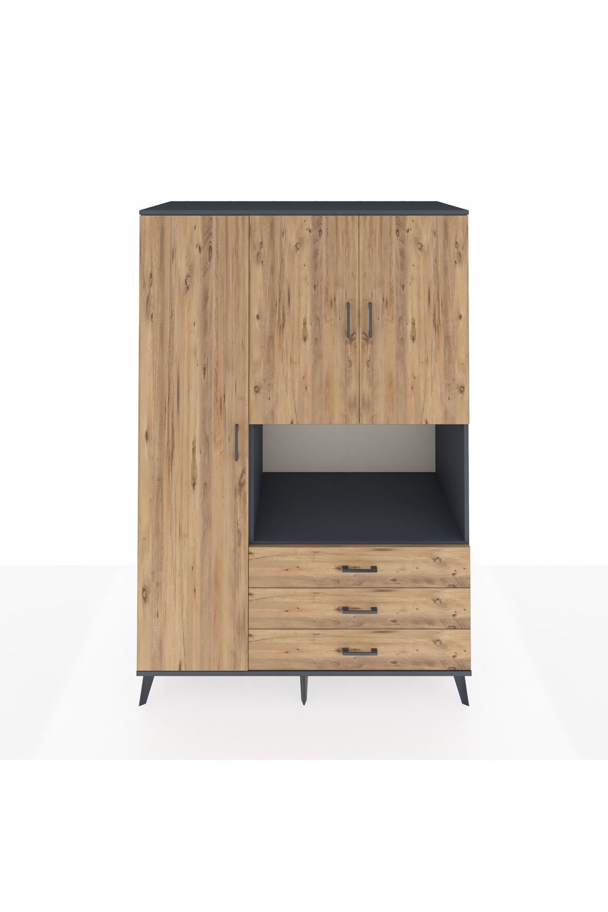 Kronos Dolap 6 Raflı 3 Çekmeceli 3 Kapaklı 132x59x195 Antrasit-Çam/Çam