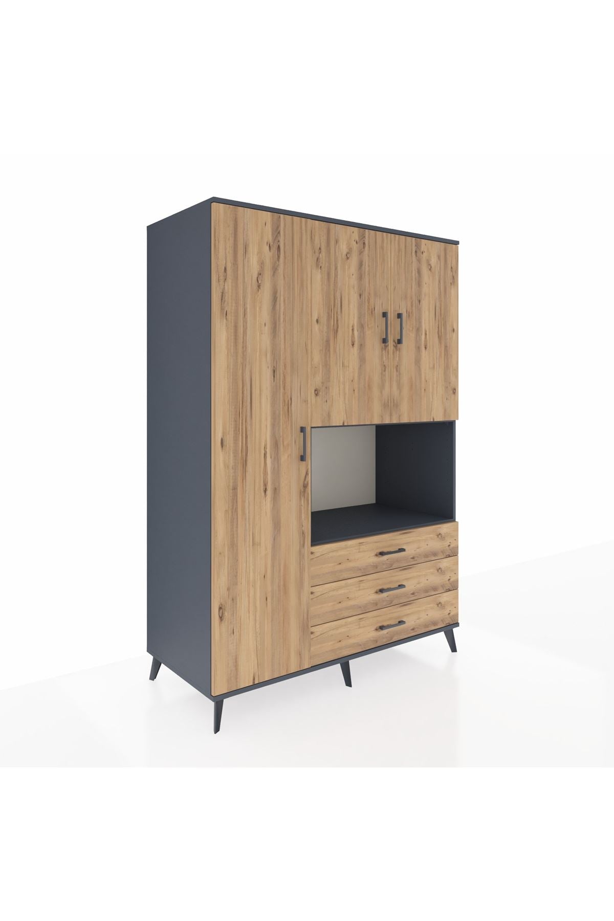 Kronos Dolap 6 Raflı 3 Çekmeceli 3 Kapaklı 132x59x195 Antrasit-Çam/Çam