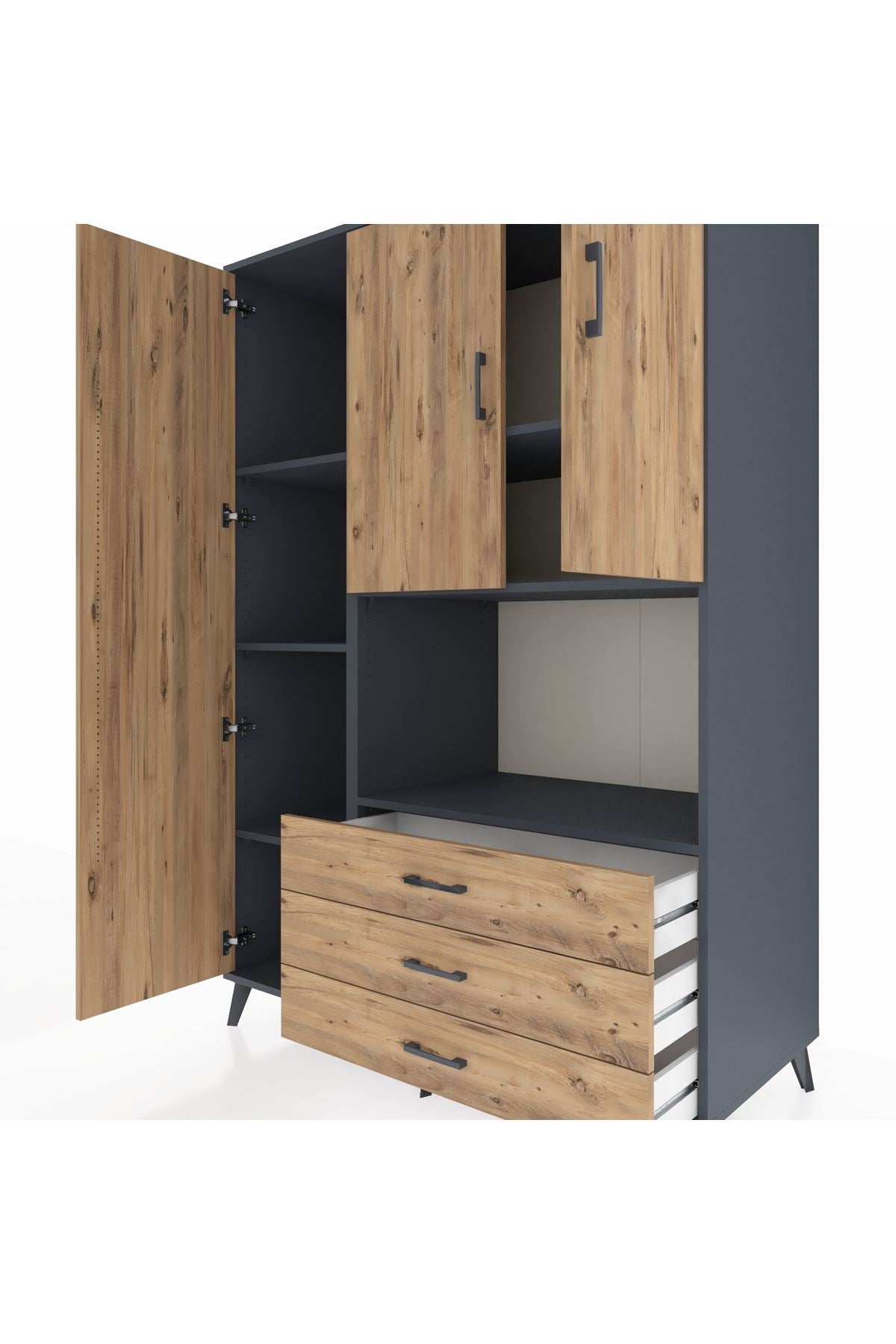 Kronos Dolap 6 Raflı 3 Çekmeceli 3 Kapaklı 132x59x195 Antrasit-Çam/Çam