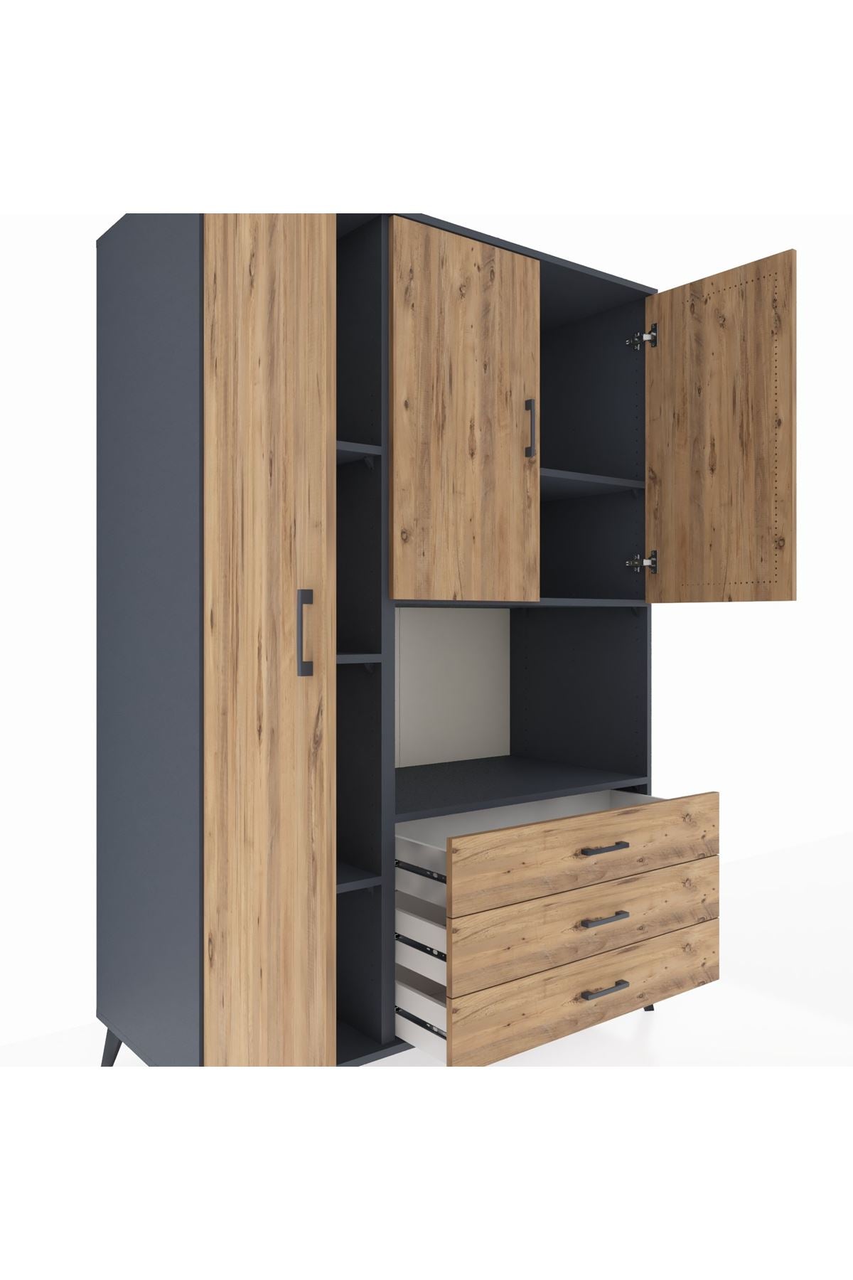 Kronos Dolap 6 Raflı 3 Çekmeceli 3 Kapaklı 132x59x195 Antrasit-Çam/Çam