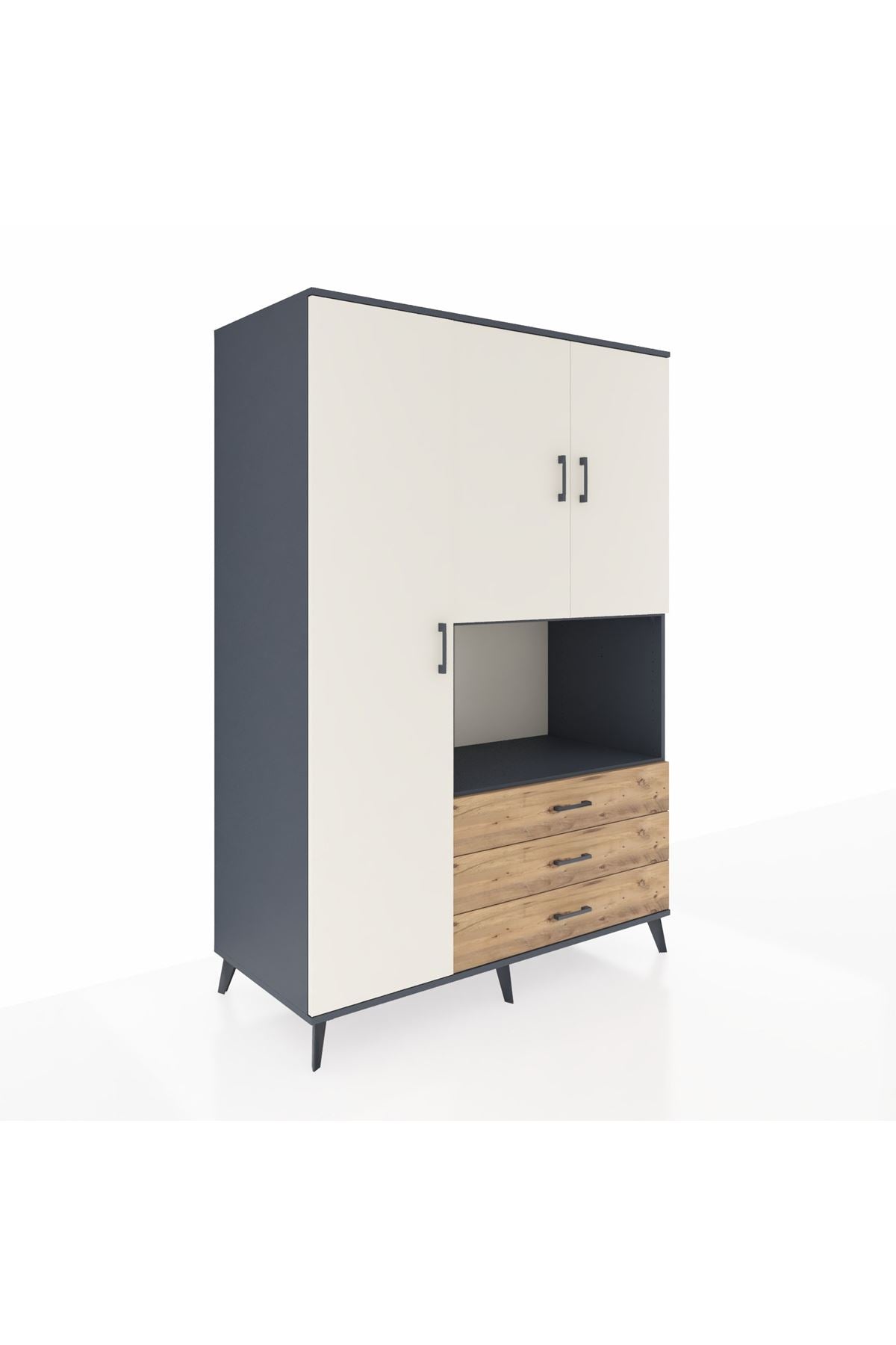 Kronos Dolap 6 Raflı 3 Çekmeceli 3 Kapaklı 132x59x195 Antrasit-Aytaşı/Çam