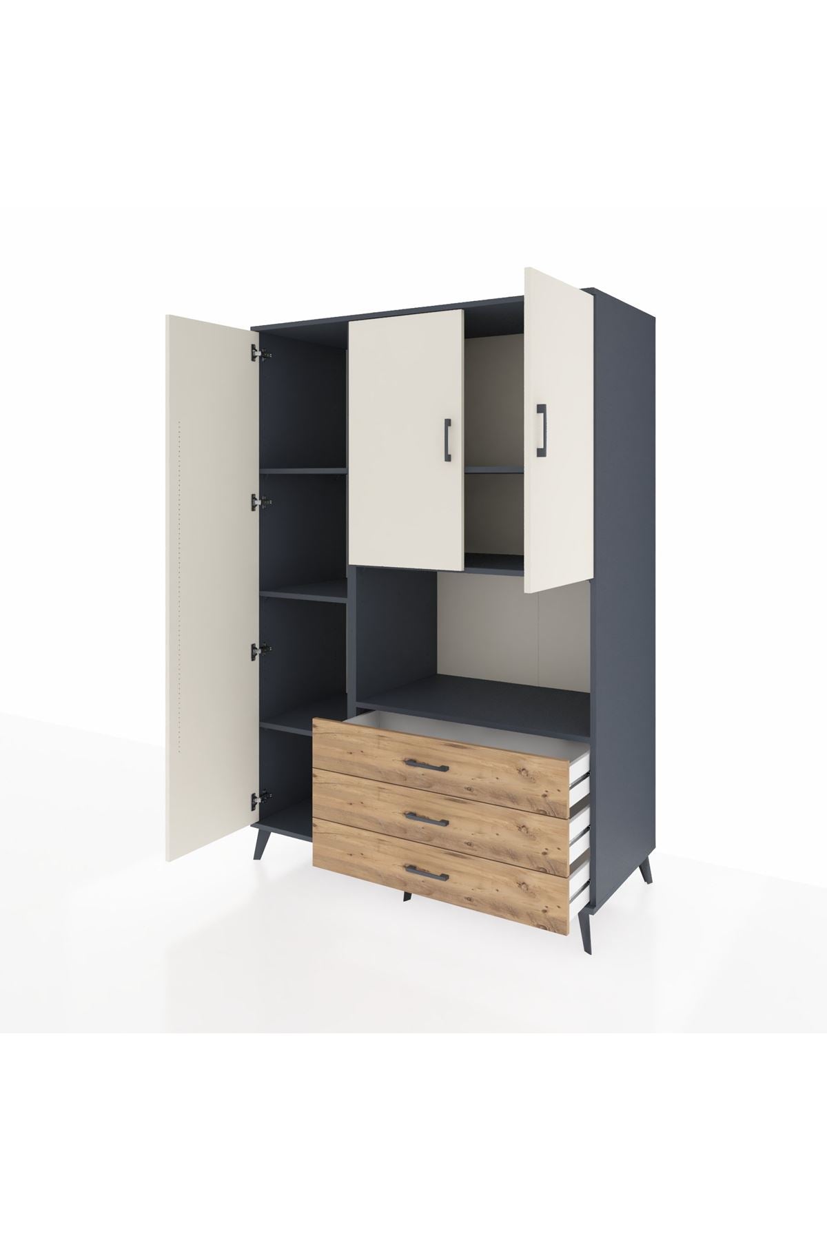 Kronos Dolap 6 Raflı 3 Çekmeceli 3 Kapaklı 132x59x195 Antrasit-Aytaşı/Çam