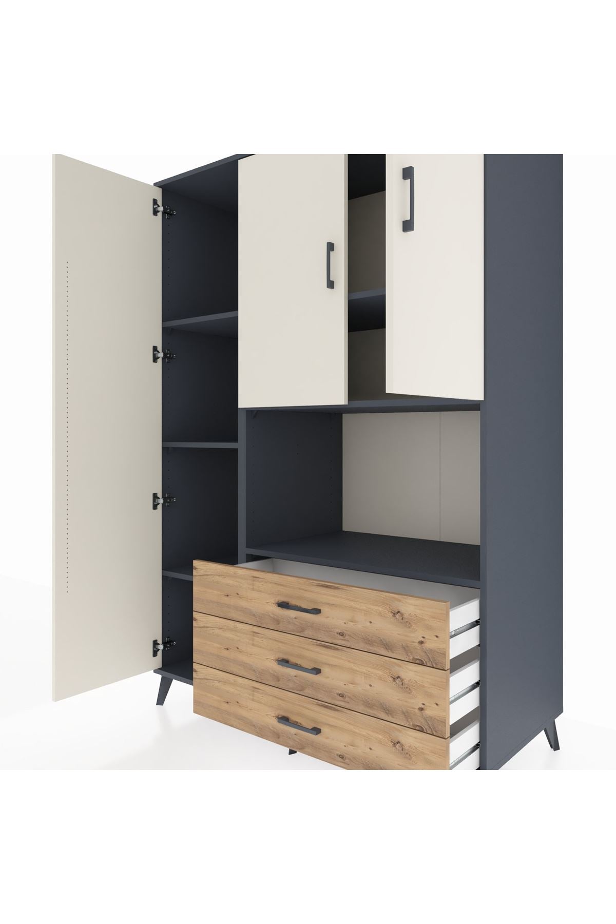 Kronos Dolap 6 Raflı 3 Çekmeceli 3 Kapaklı 132x59x195 Antrasit-Aytaşı/Çam