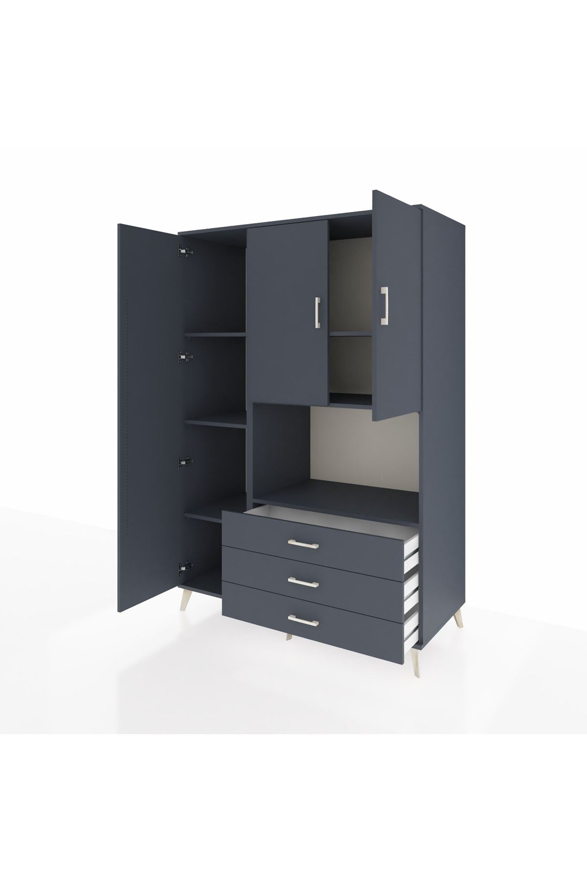 Kronos Dolap 6 Raflı 3 Çekmeceli 3 Kapaklı 132x59x195 Antrasit-Antrasit/Antrasit