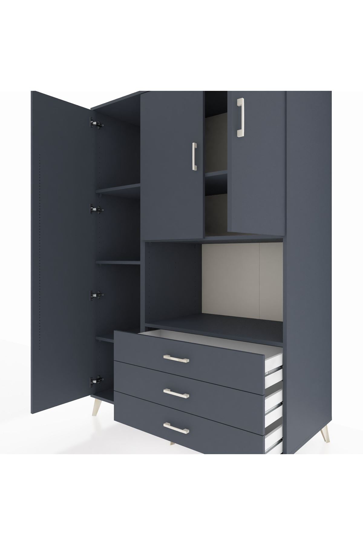 Kronos Dolap 6 Raflı 3 Çekmeceli 3 Kapaklı 132x59x195 Antrasit-Antrasit/Antrasit